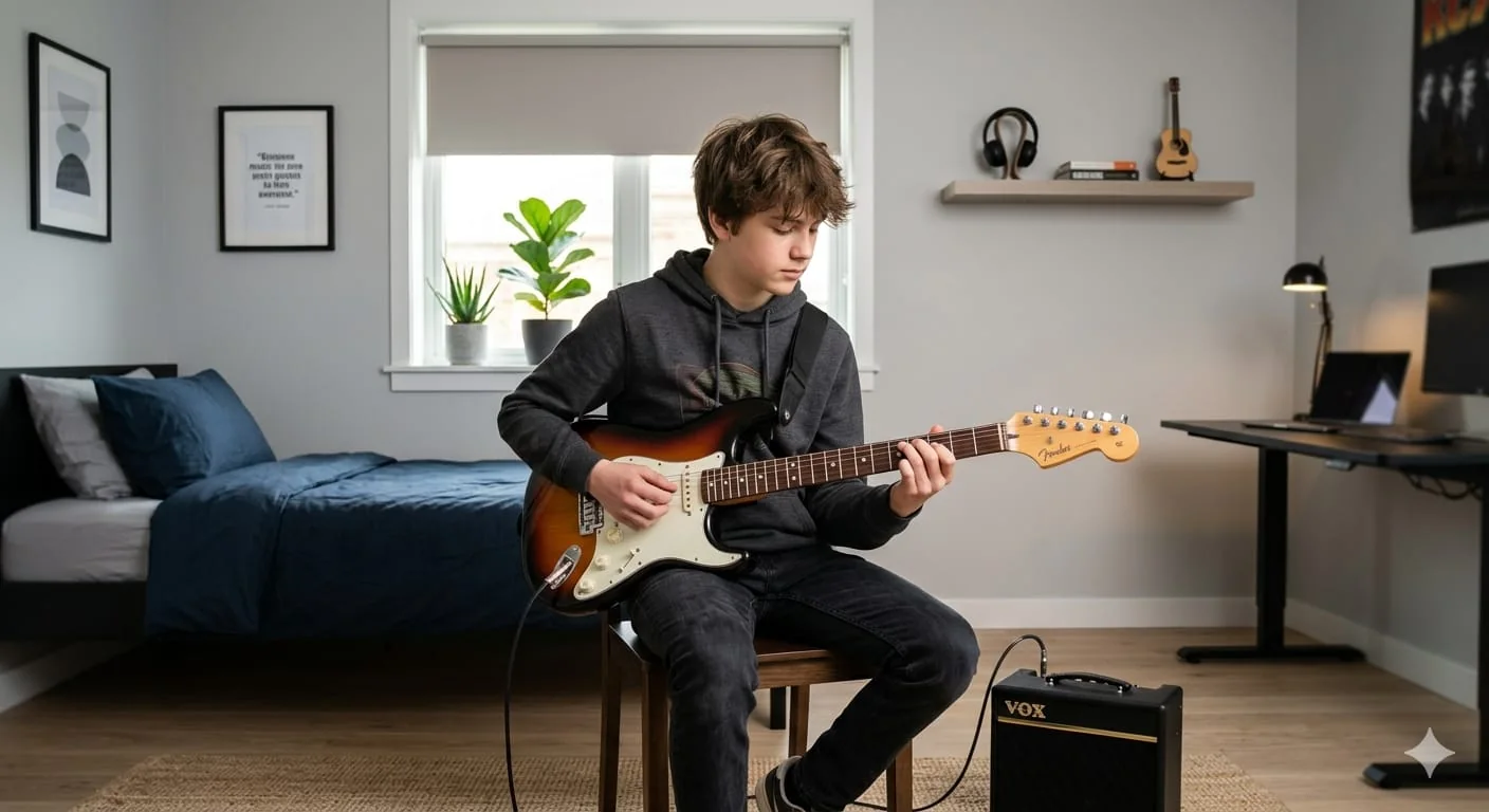 Jugendlicher beim E-Gitarrenunterricht