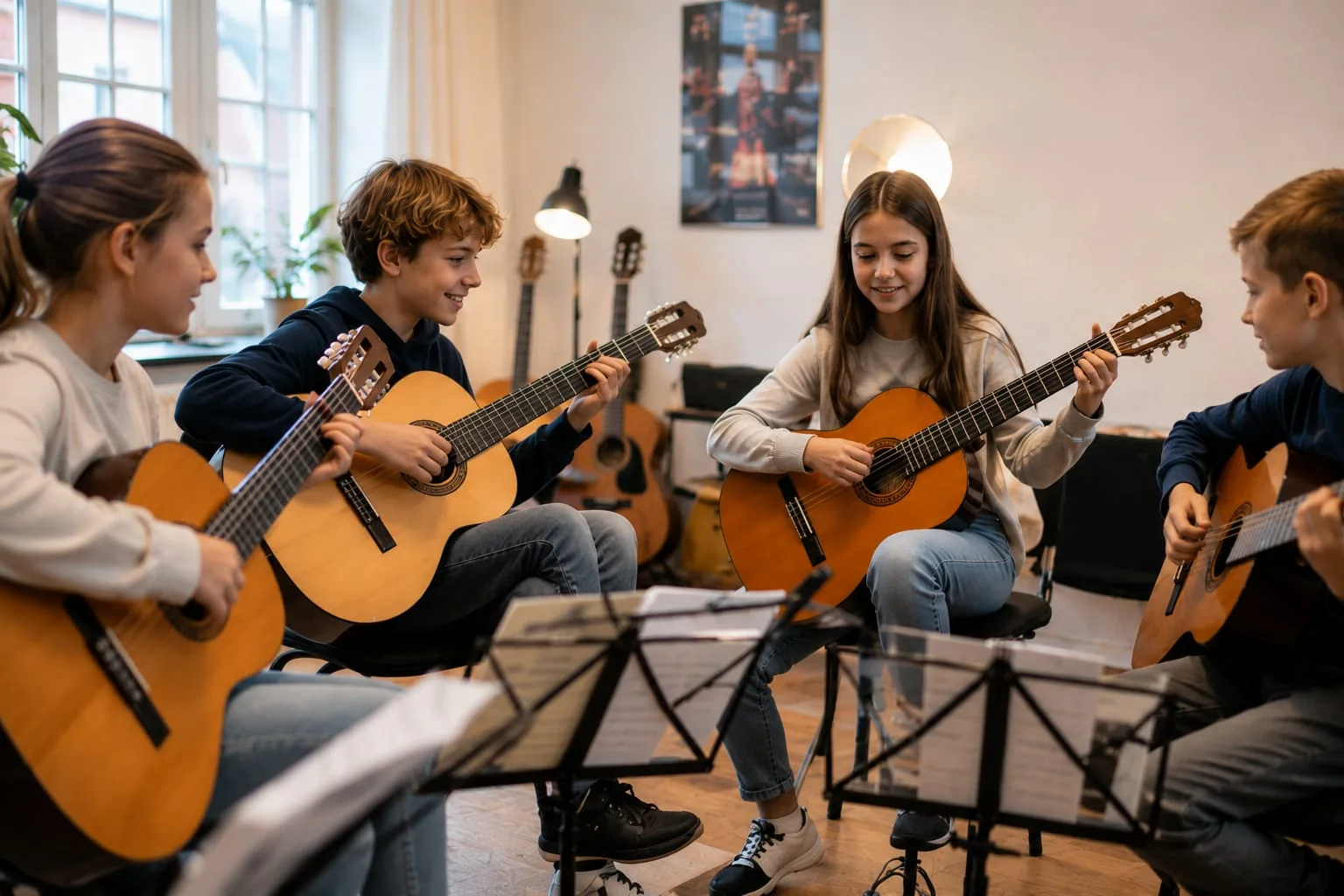 Jugendliche beim gemeinsamen Gitarrenunterricht