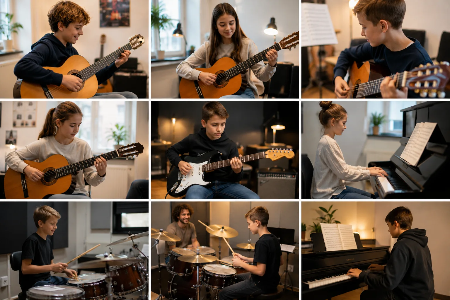 Collage mit Gitarren-, Klavier- und Schlagzeugunterricht